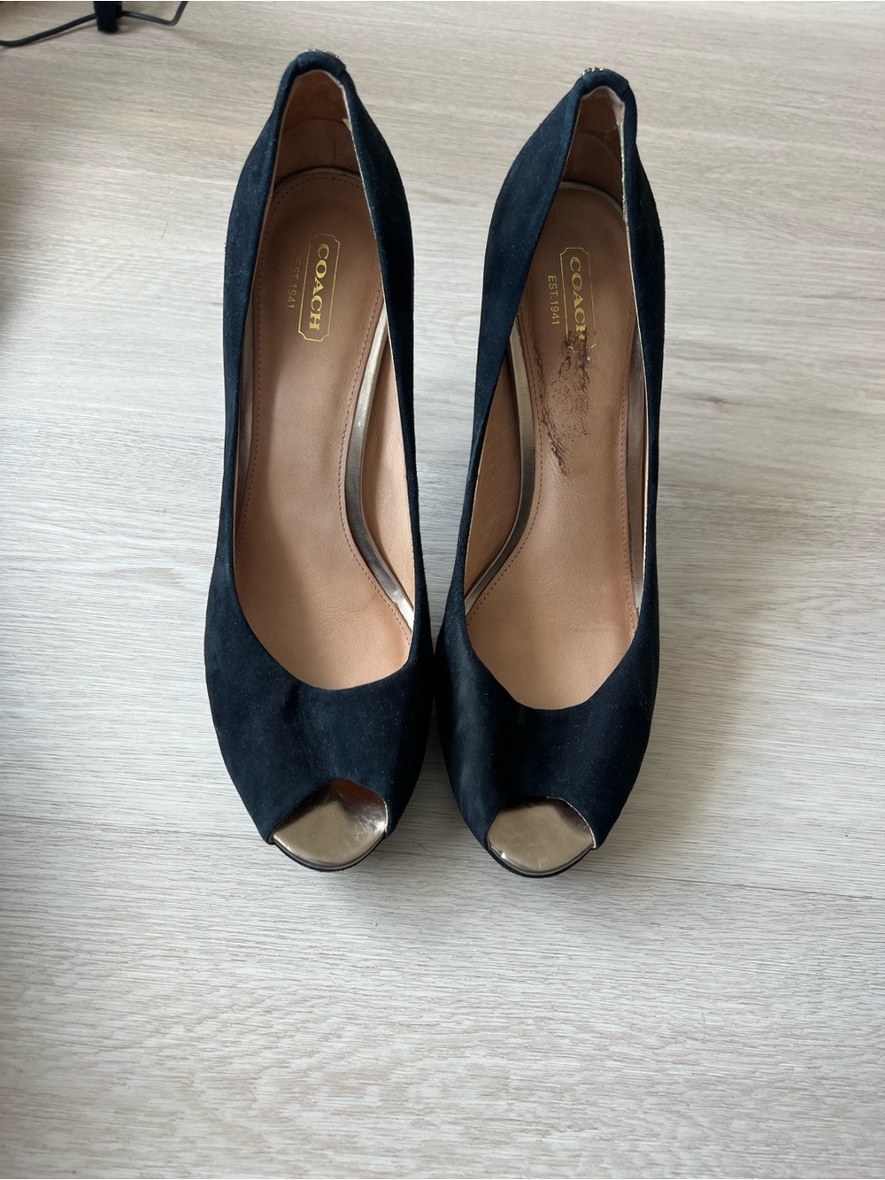 COACH Black Suede Peep-Toe Heels with Gold Toe Cap
